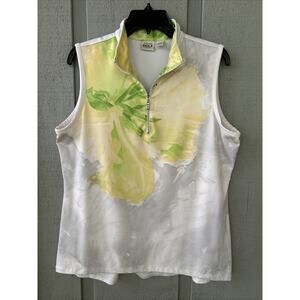 Chicos Zenergy Golf Shirt Womens Large Sleeveless Floral Yellow Quarter Zip